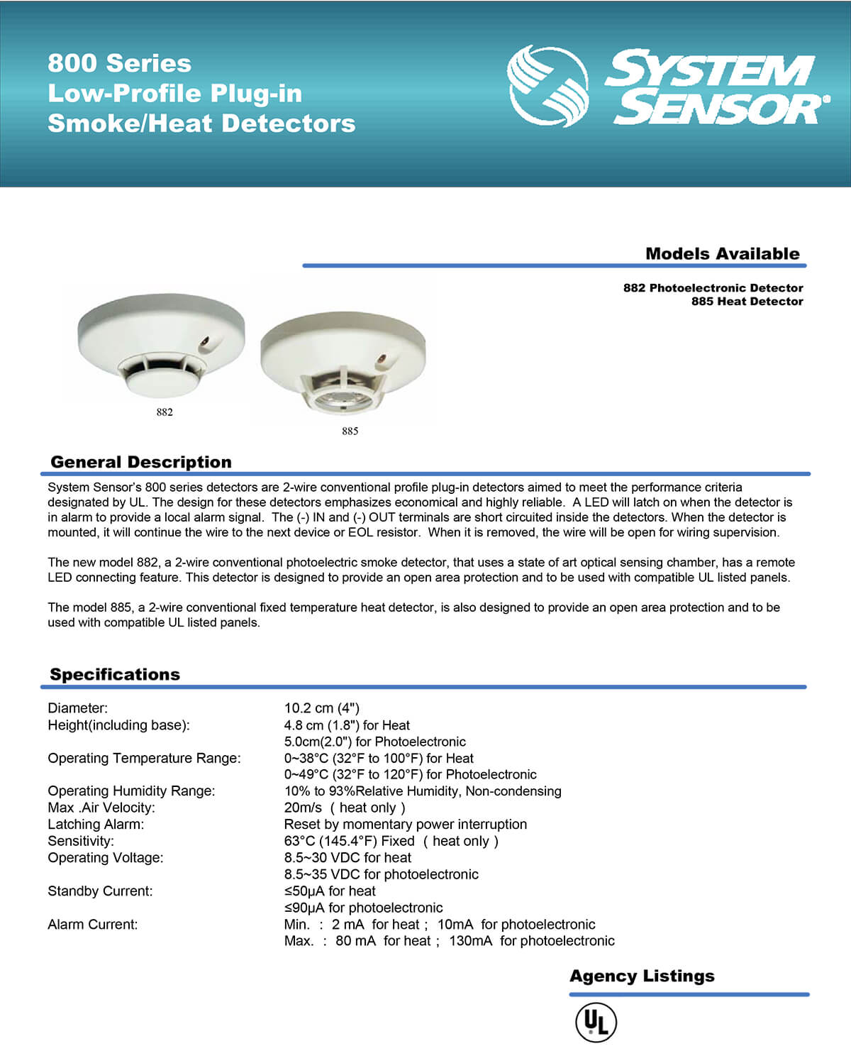 Low-Profile Plug-in Smoke/Heat Detector 800 Series