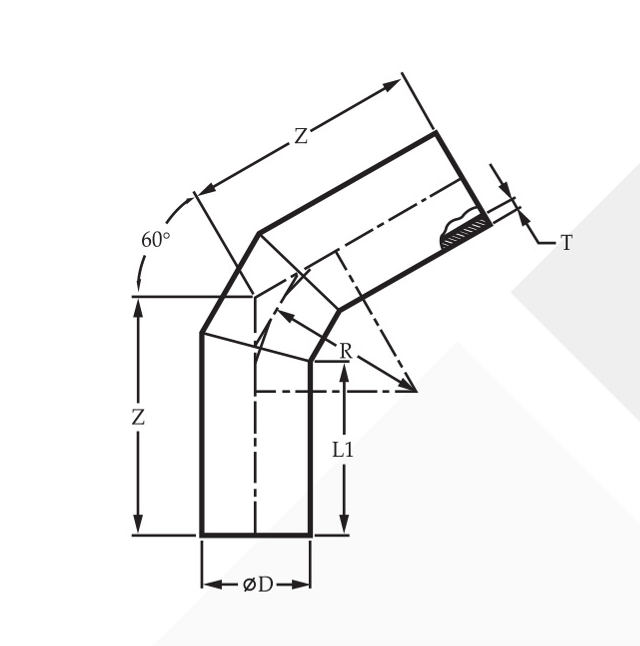 <b>ข้อต่อแบบเชื่อม ข้องอ 60°</b> (60-Degree Butt Weld Elbow / 60° Welded Elbow)